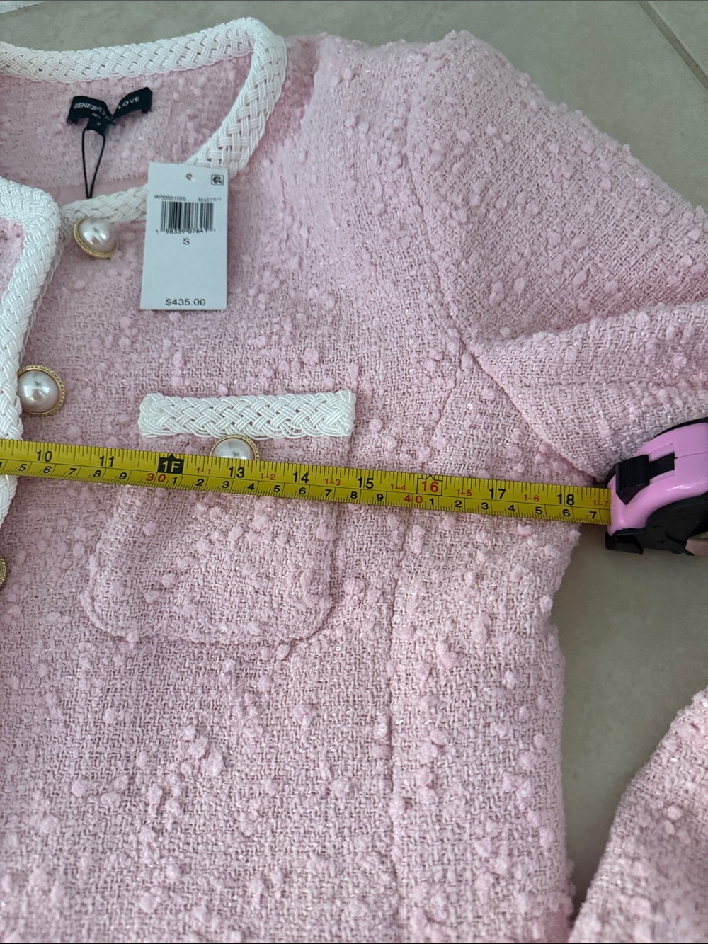Generation Love Pink Tweed Pearl-Button Cropped Blazer with Cream Trim - Picture 6 of 6
